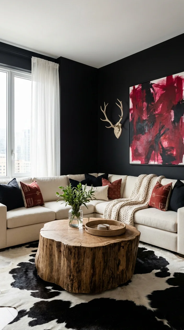 Black corner walls with antlers, red art, and tree stump coffee table