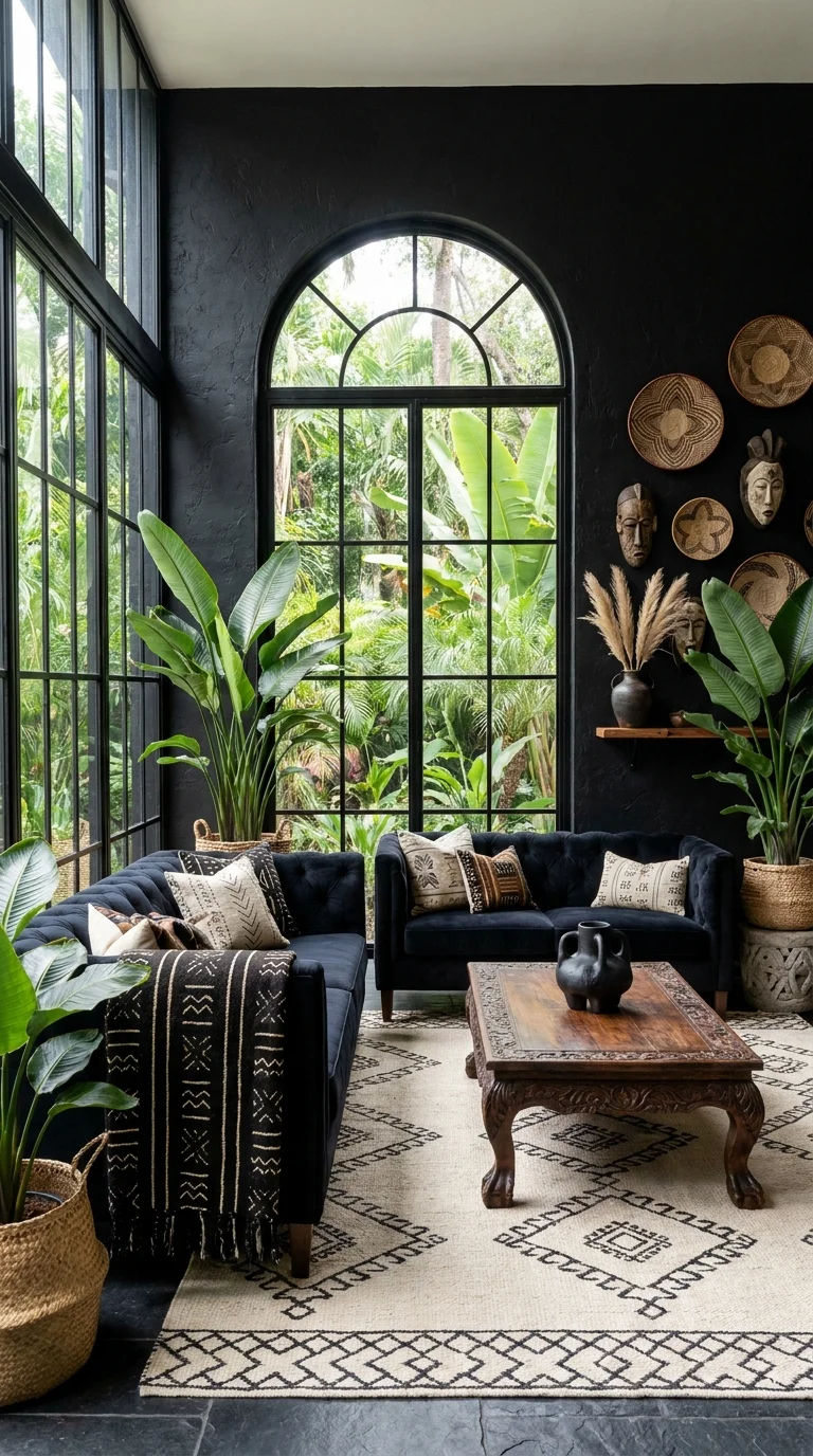 Black wall with carved masks and woven baskets above navy velvet sofas