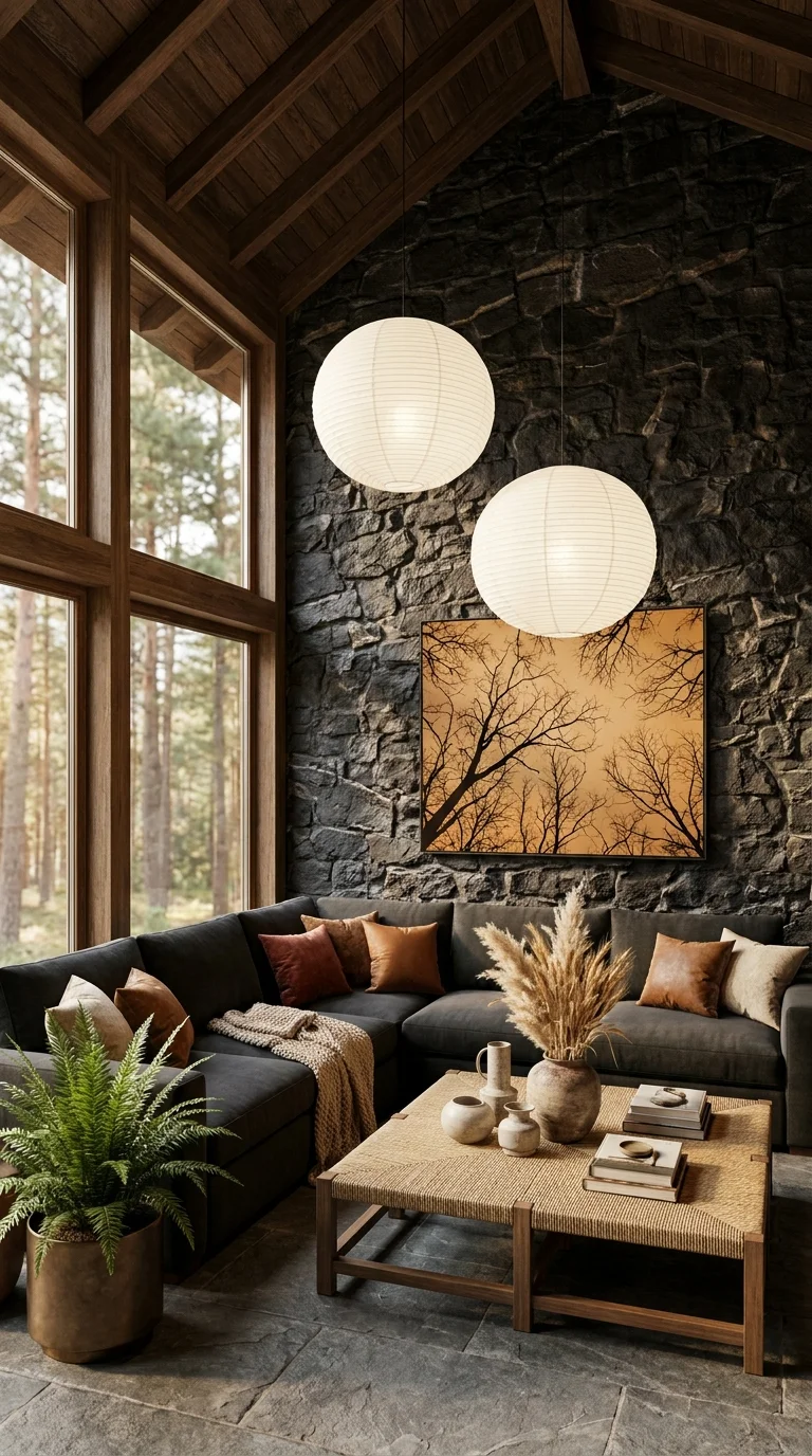 Stone wall living room with two white paper lantern pendants