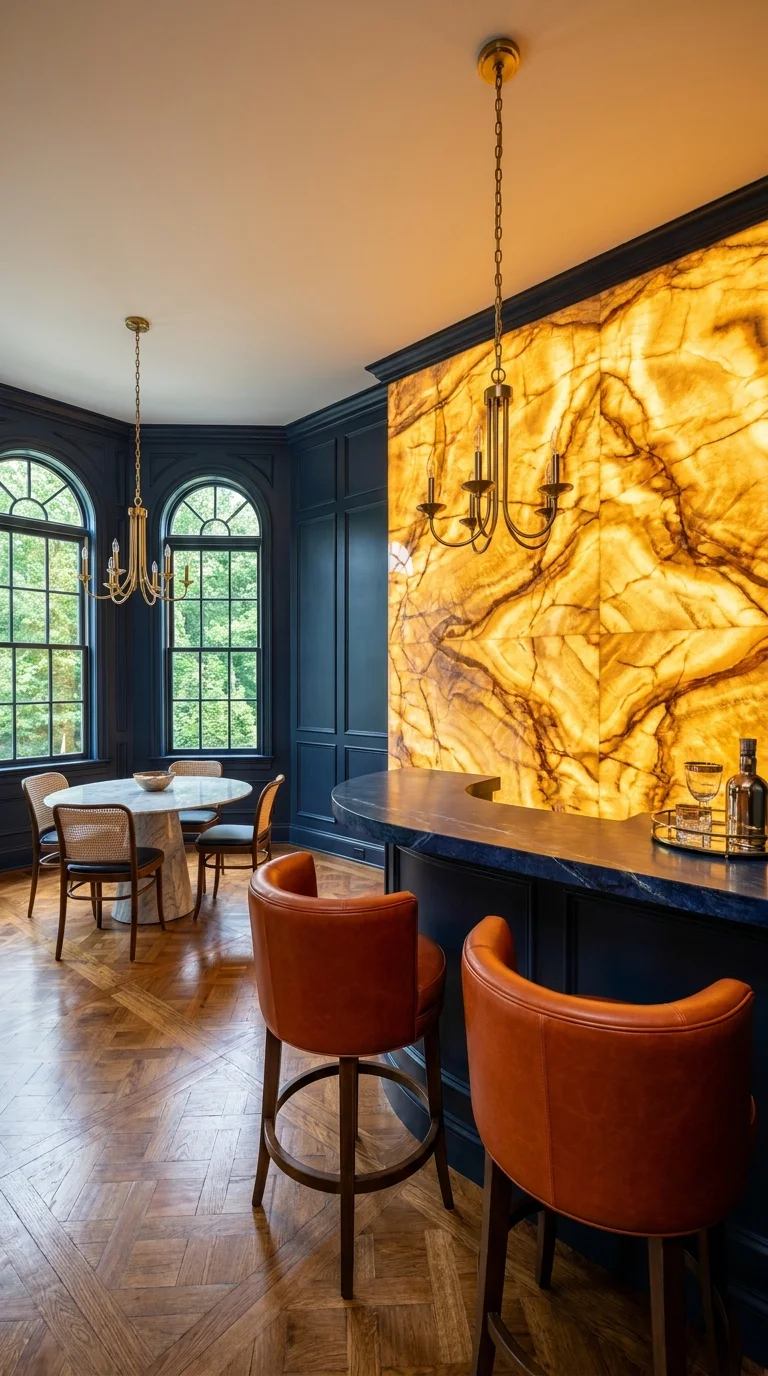 Navy paneled dining bar with glowing amber onyx wall and brass chandeliers