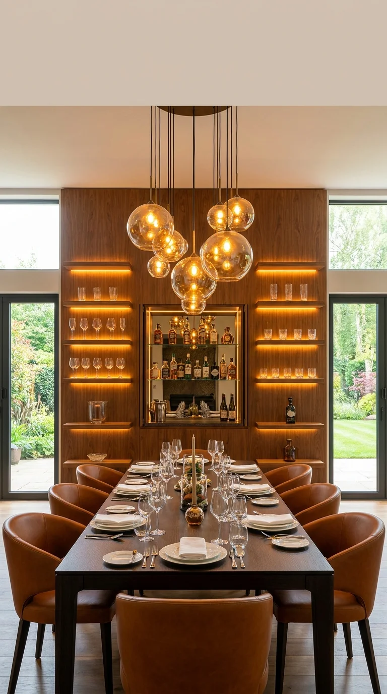Walnut built-in bar wall with mirrored niche and glass pendant chandelier cluster