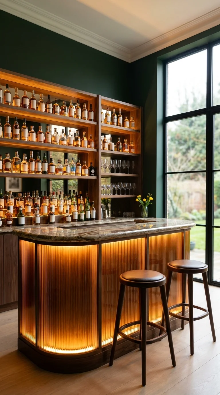 Dark green home bar with fluted lit front and floor-to-ceiling liquor shelving