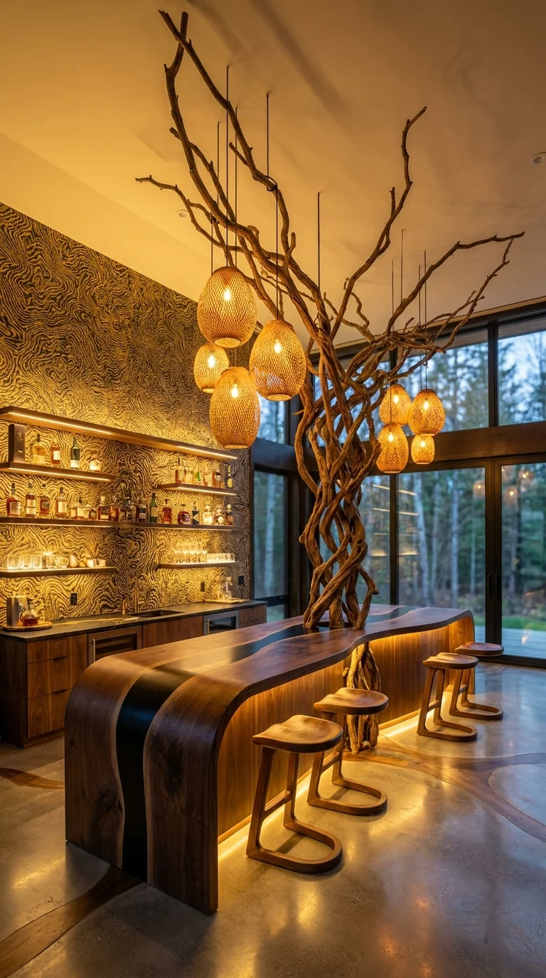 Live-edge waterfall bar counter beneath a sculptural branch pendant light fixture