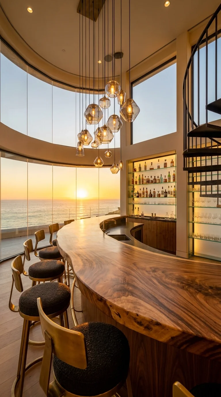 Curved live-edge bar overlooking ocean sunset through floor-to-ceiling glass windows