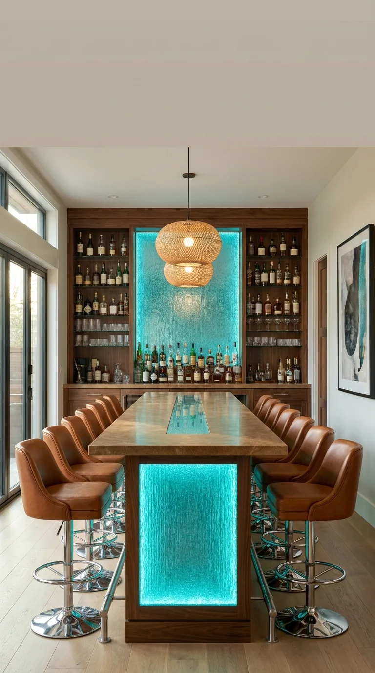 Long communal bar table with backlit turquoise glass strip and leather stools