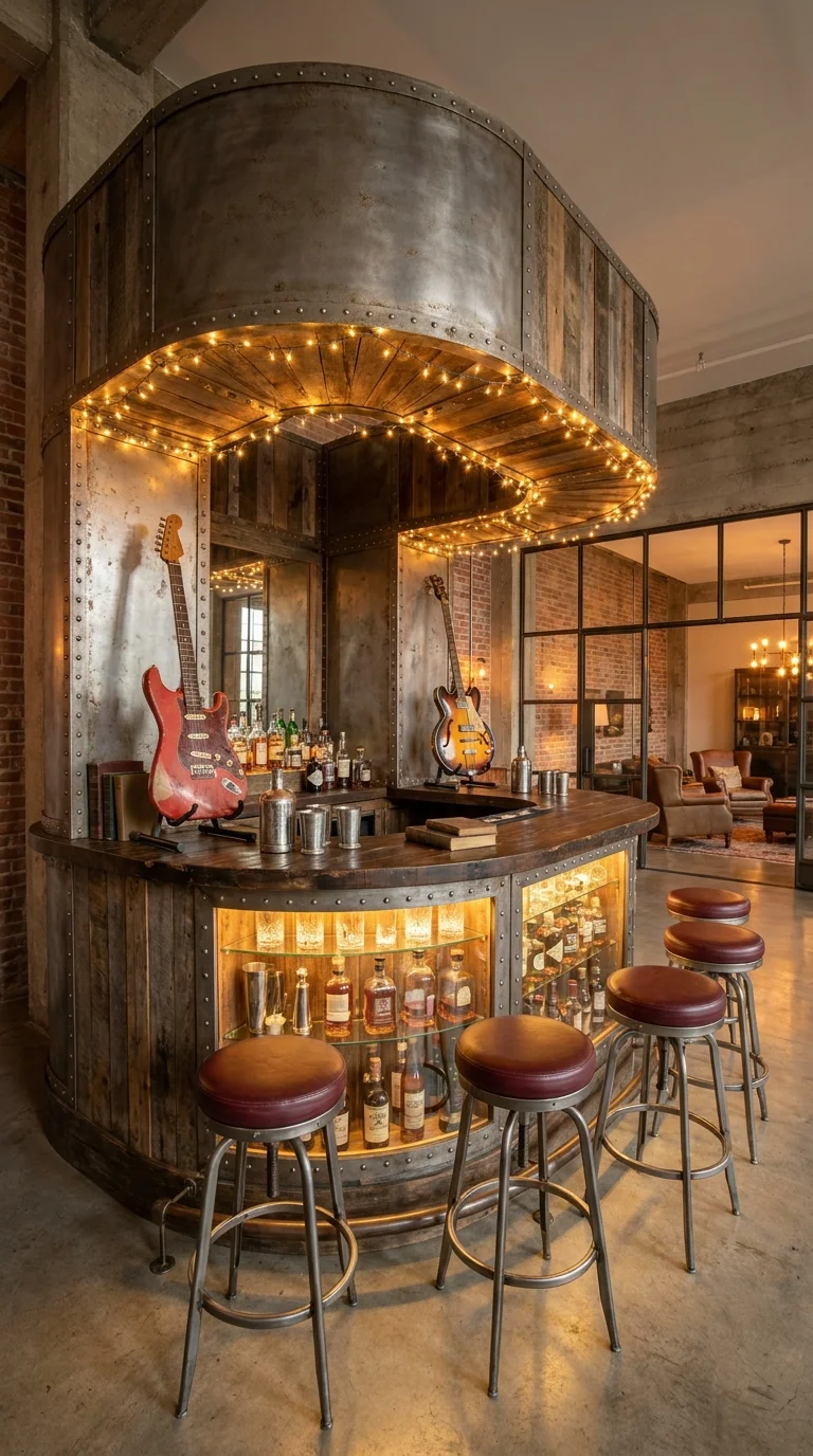 Riveted industrial metal bar with string lights and mounted guitars on display