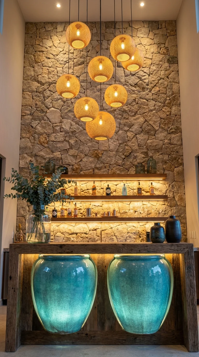 Rustic bar with stone wall, rattan pendants, and oversized turquoise ceramic vessels