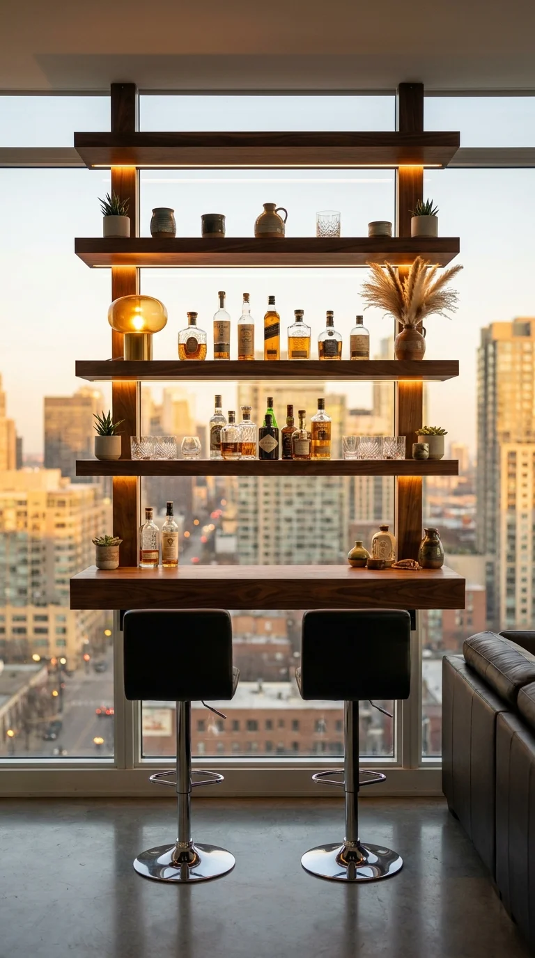 Minimalist floating wood bar shelves against a floor-to-ceiling city skyline window