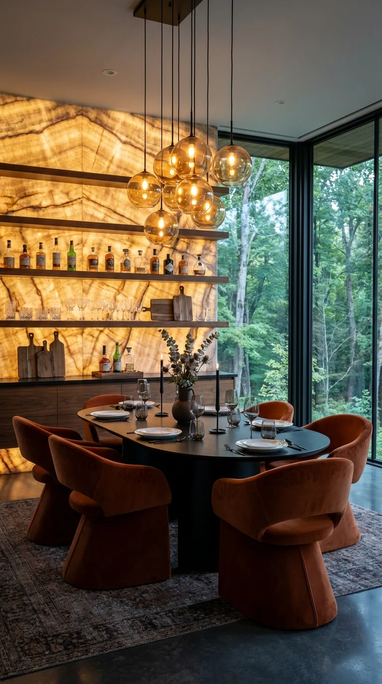 Backlit stone wall bar shelving beside an oval table with orange chairs