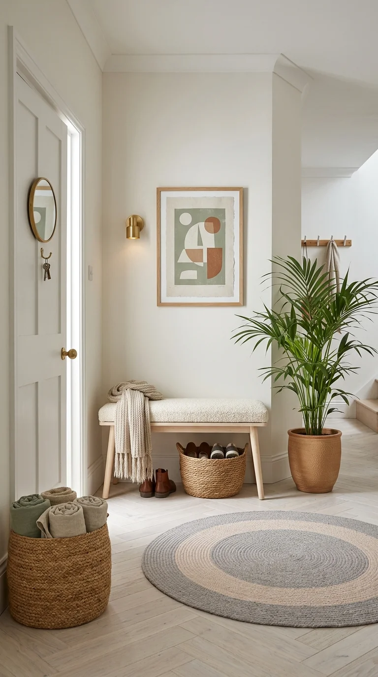 Small Scandinavian entryway nook with boucle bench, brass sconce, and geometric wall art