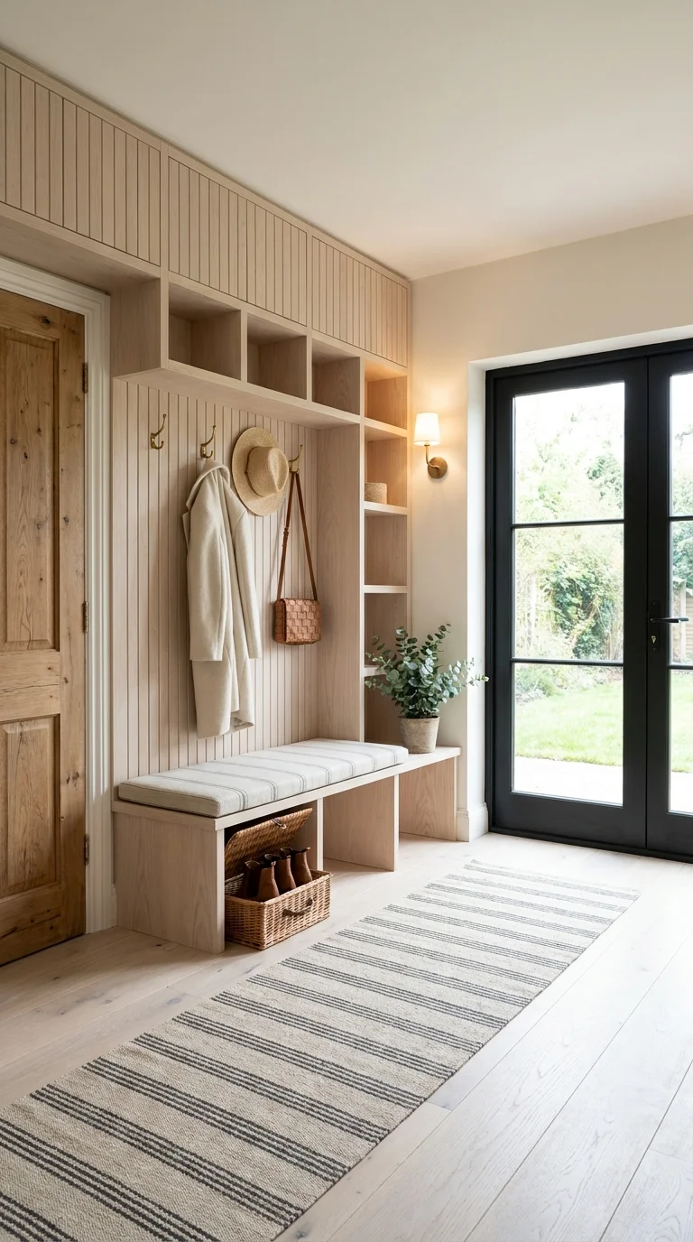 Built-in oak mudroom bench with cubbies, coat hooks, and black French doors to garden