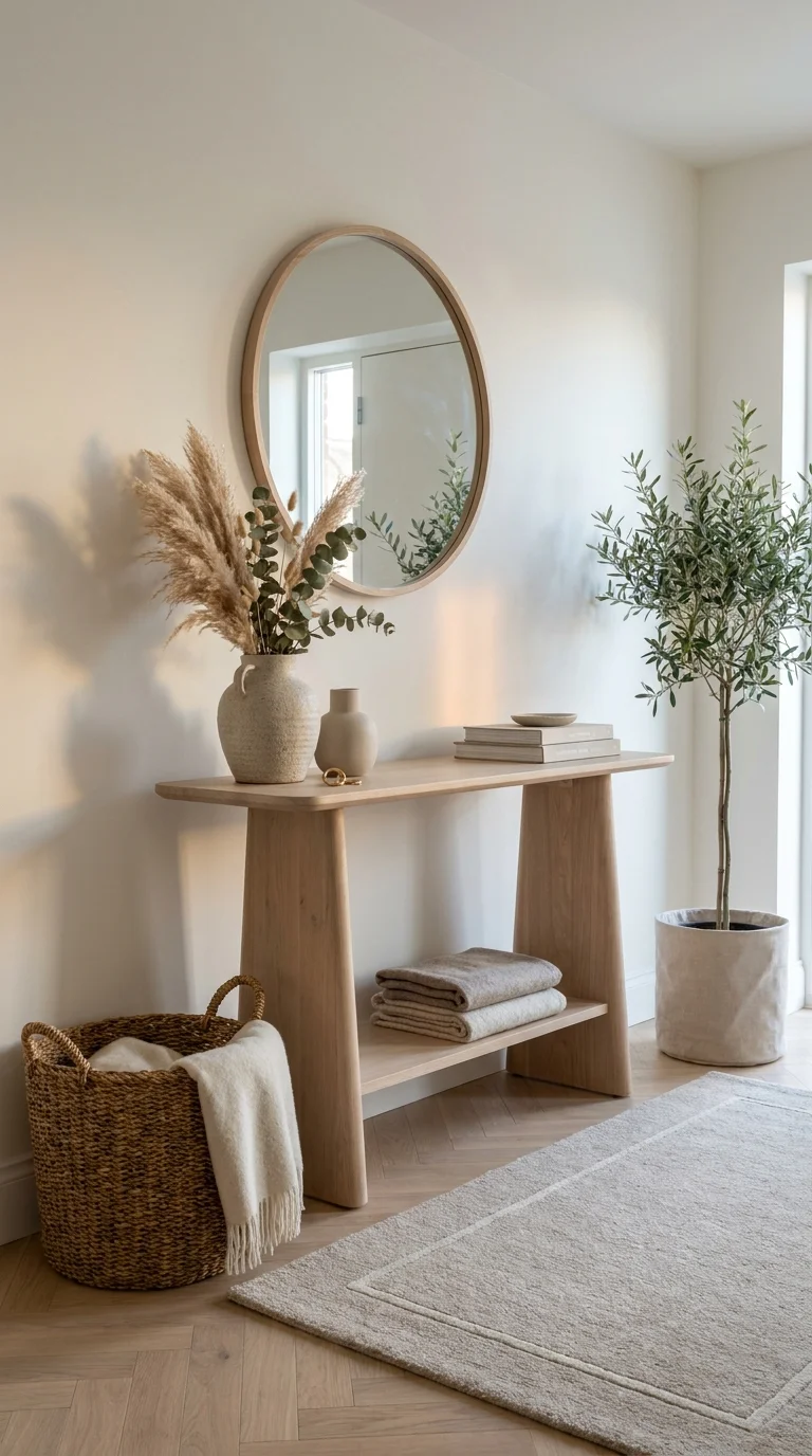 Round mirror over a trestle-leg console table styled with pampas grass and an olive tree