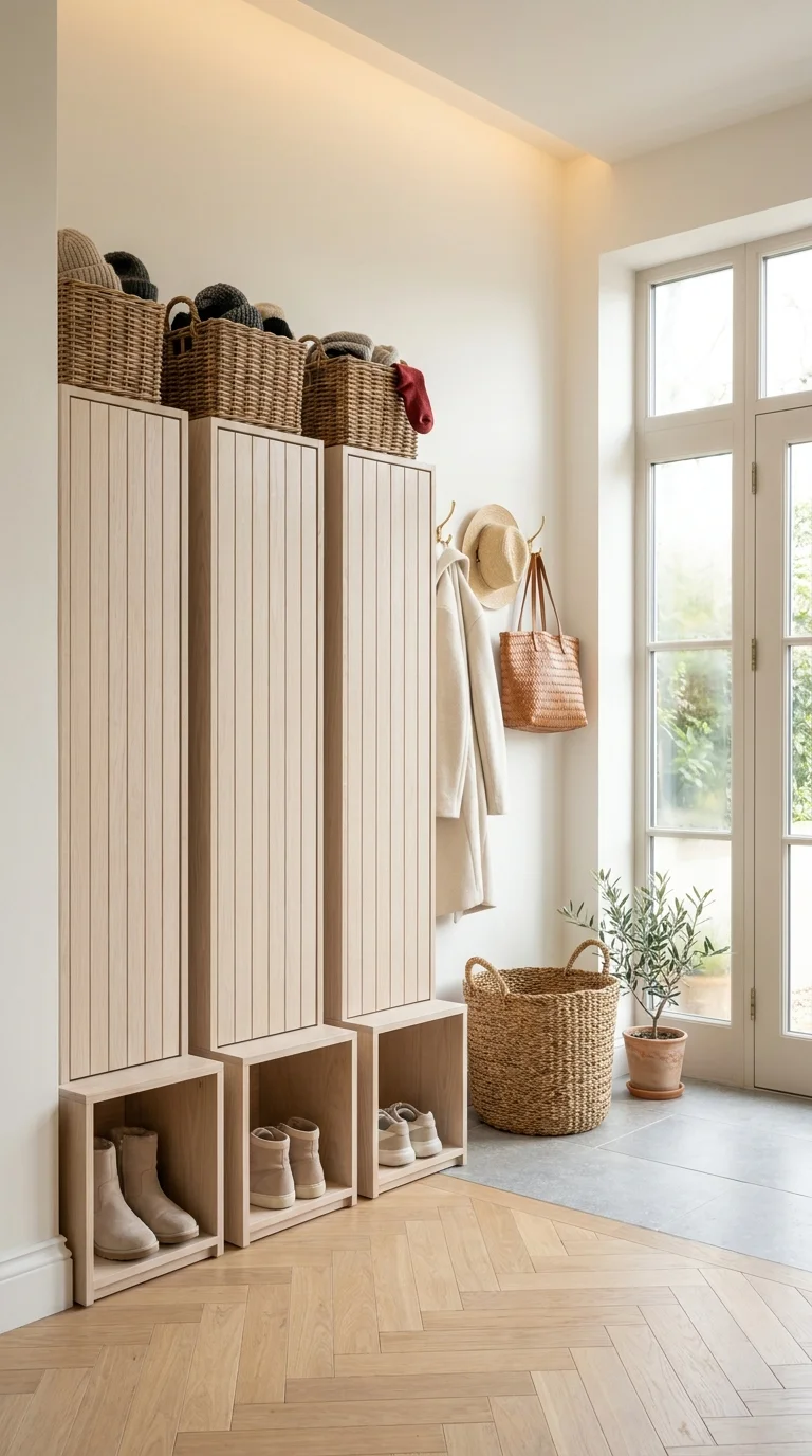 Tall narrow oak locker cabinets with woven baskets on top and hooks for coats