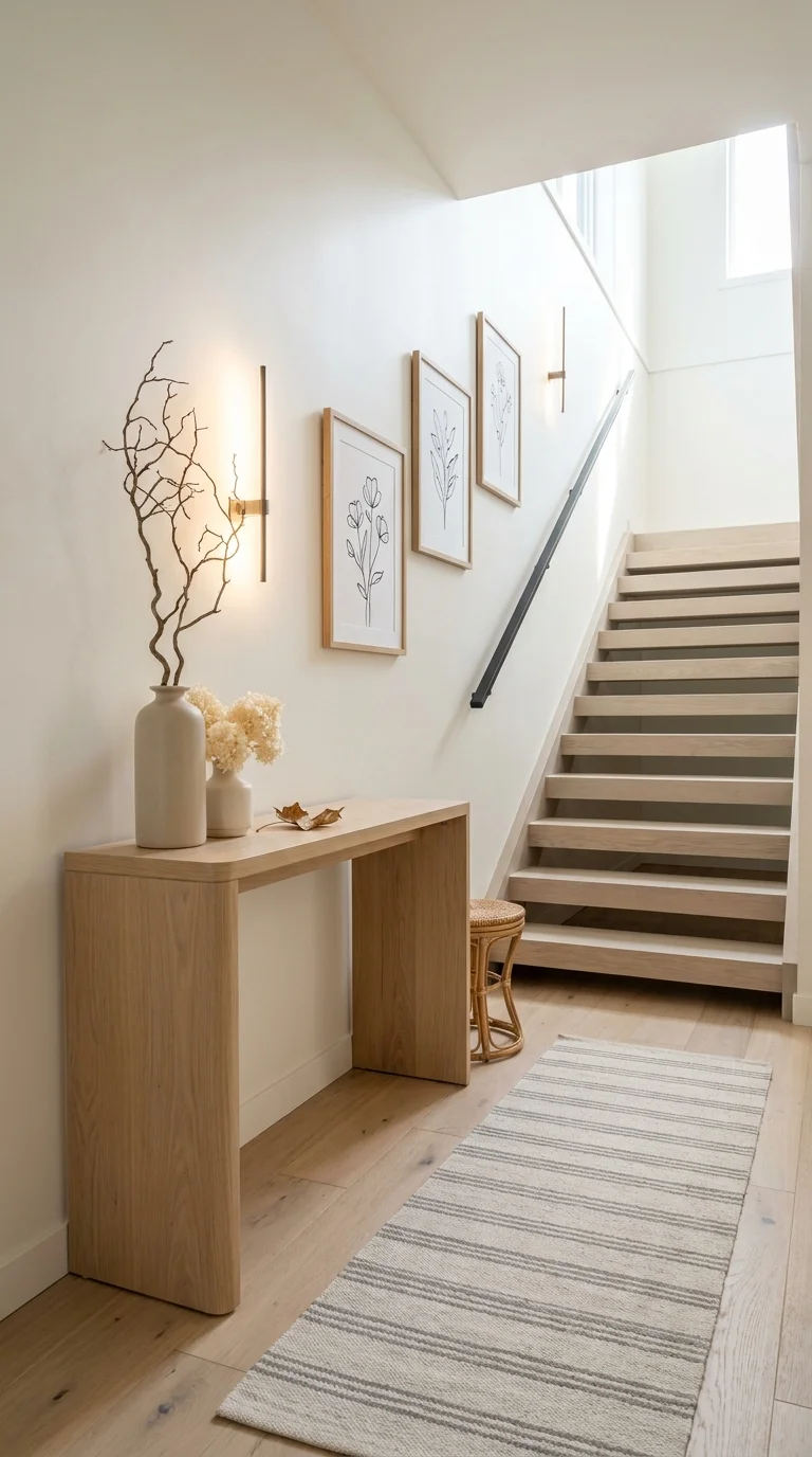 Console table below a botanical line-art gallery wall beside a light wood staircase