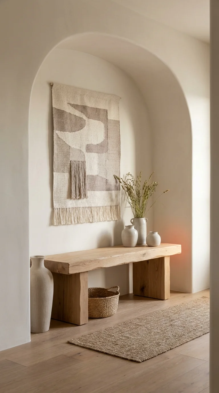 Live-edge wood bench in an arched plaster niche with a fringed woven wall hanging
