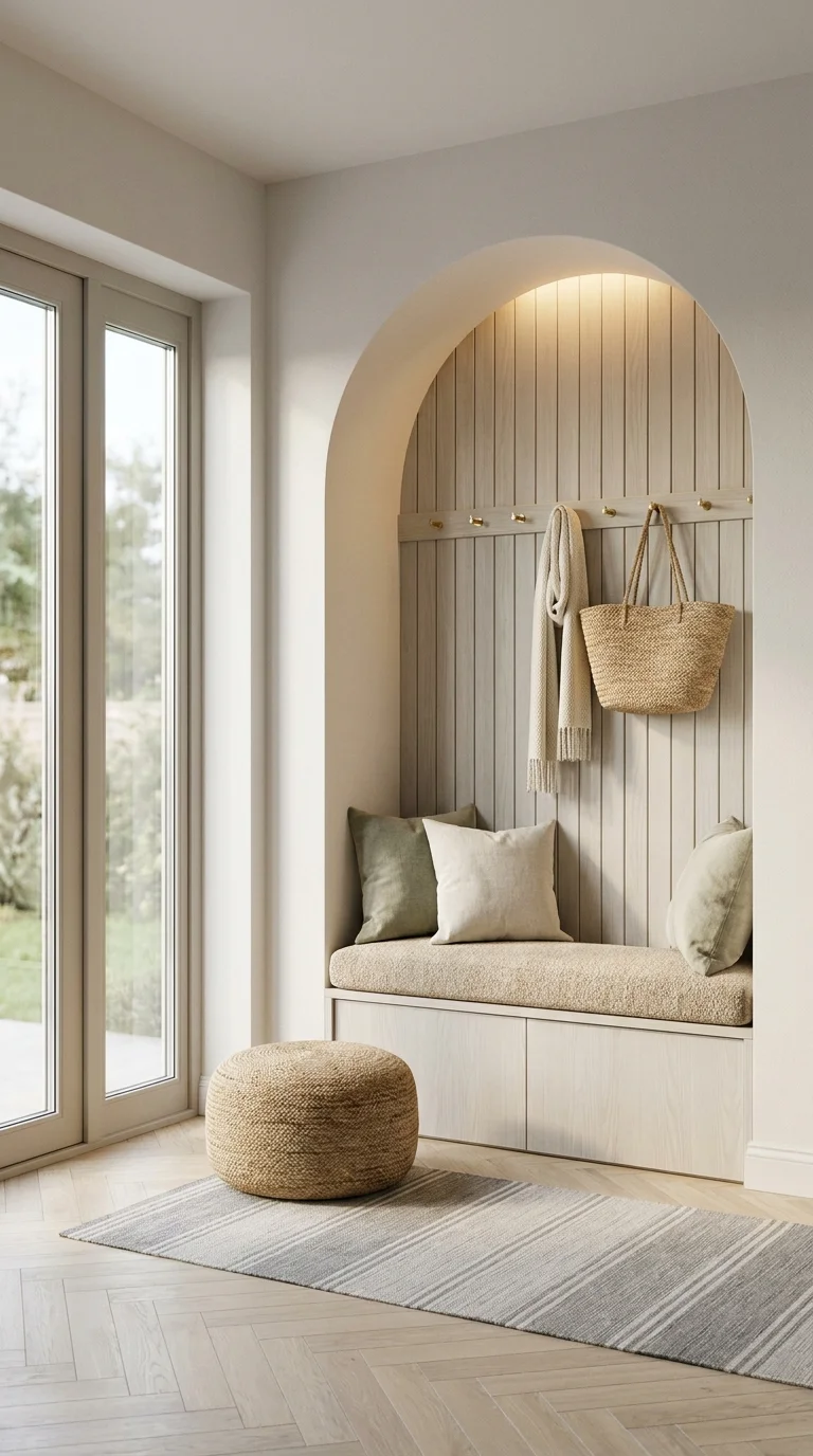 Built-in arched bench nook with cushions, pegs, and a woven jute pouf ottoman