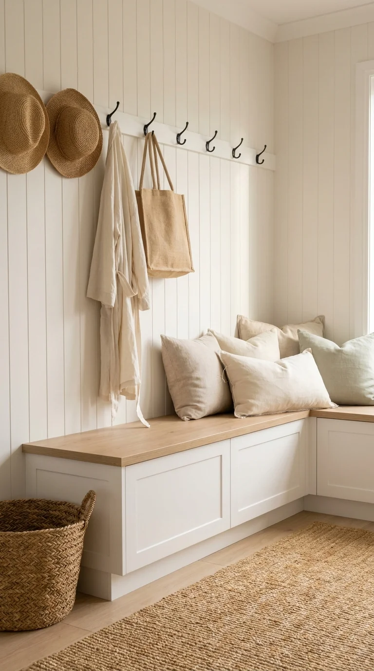 L-shaped white built-in mudroom bench with shiplap walls and a wall of coat hooks