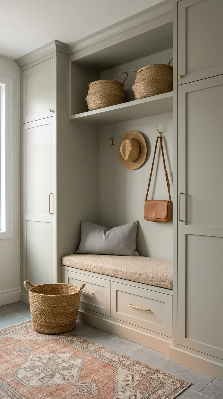 Sage green built-in mudroom nook with open basket shelving and a cushioned bench seat