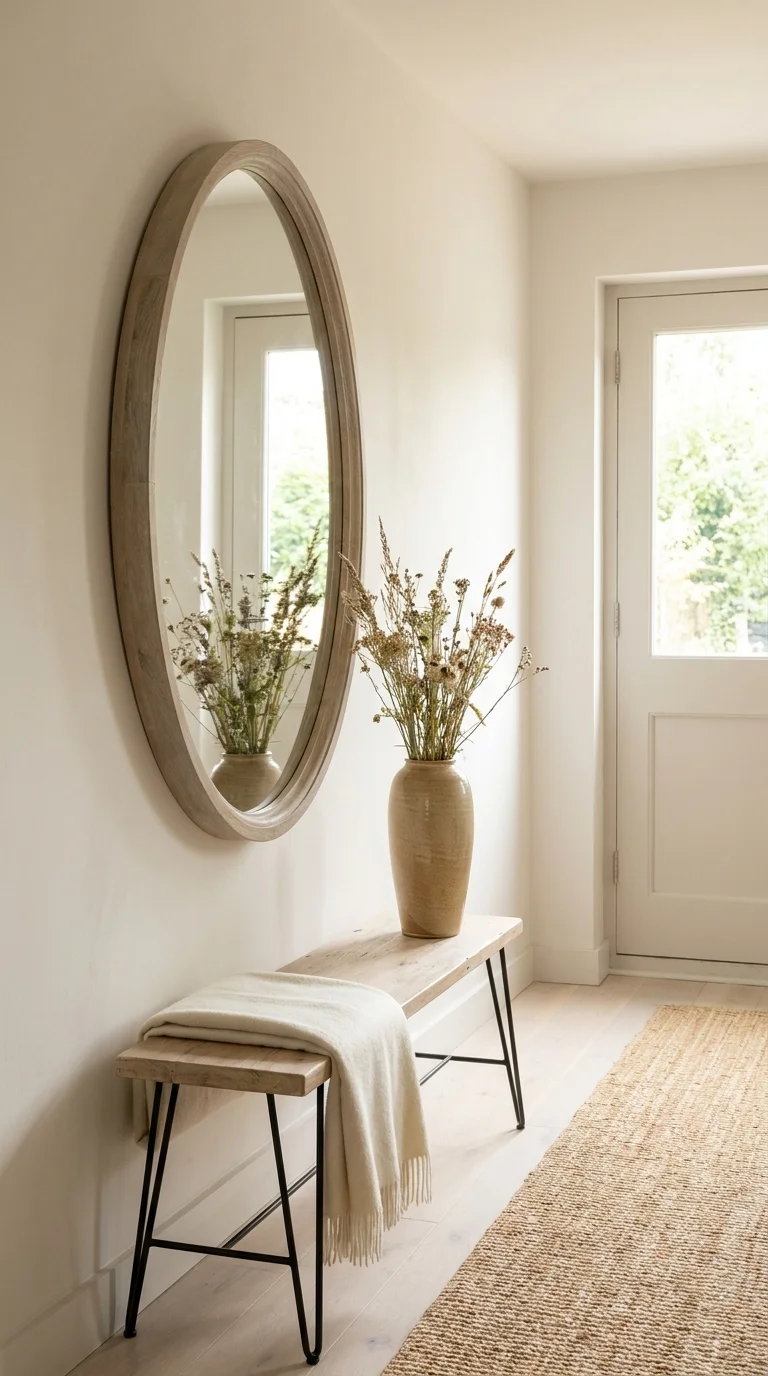 Narrow hallway entry with an oval mirror over a hairpin-leg bench and jute runner
