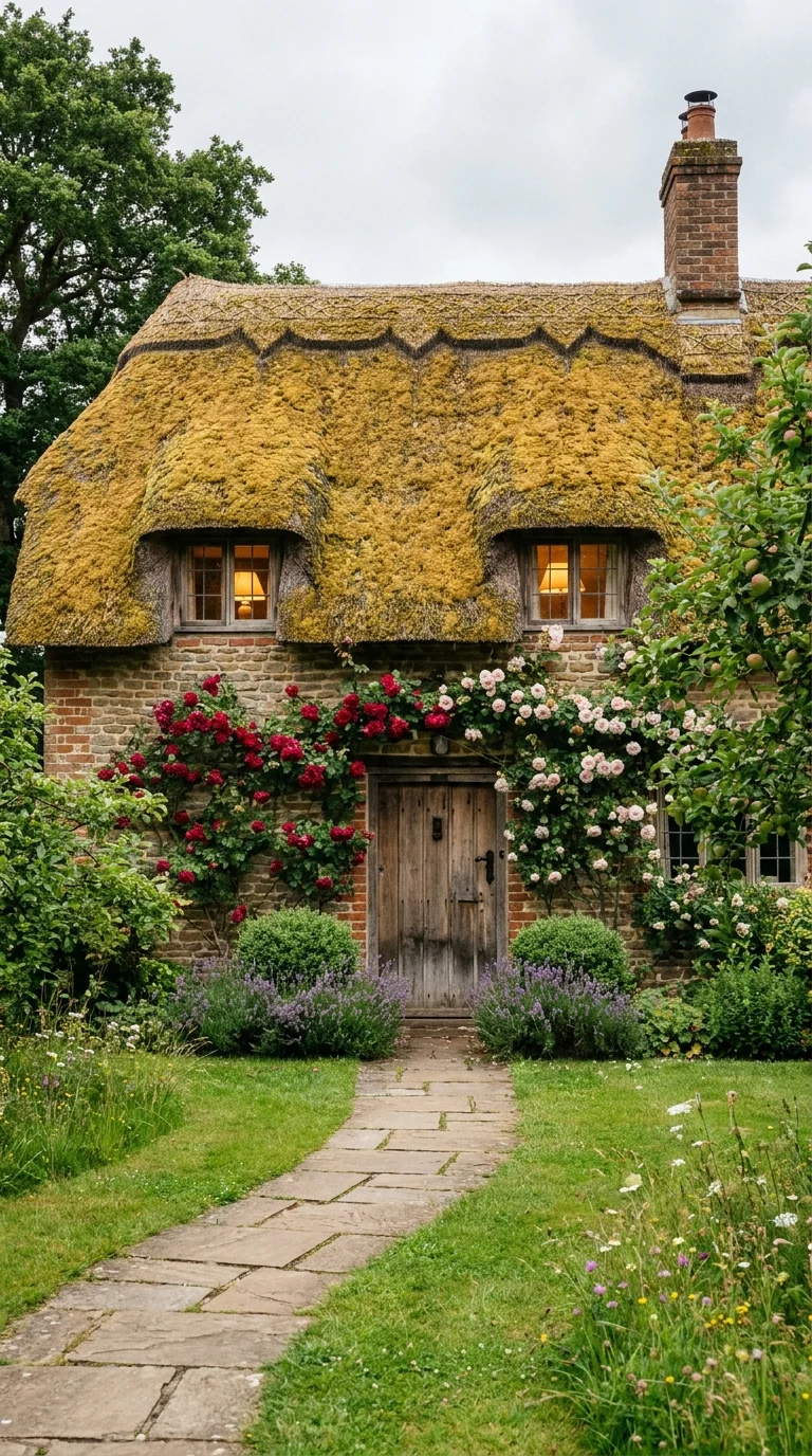 Moss-covered thatched roof cottage entrance with climbing red and pink roses