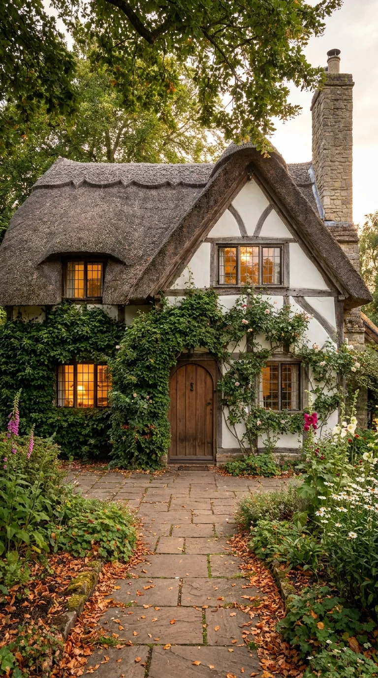 Half-timbered thatched cottage covered in ivy with warm lit windows at dusk