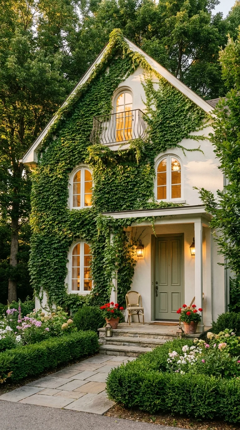 Ivy-covered white cottage with wrought iron balcony and sage green front door