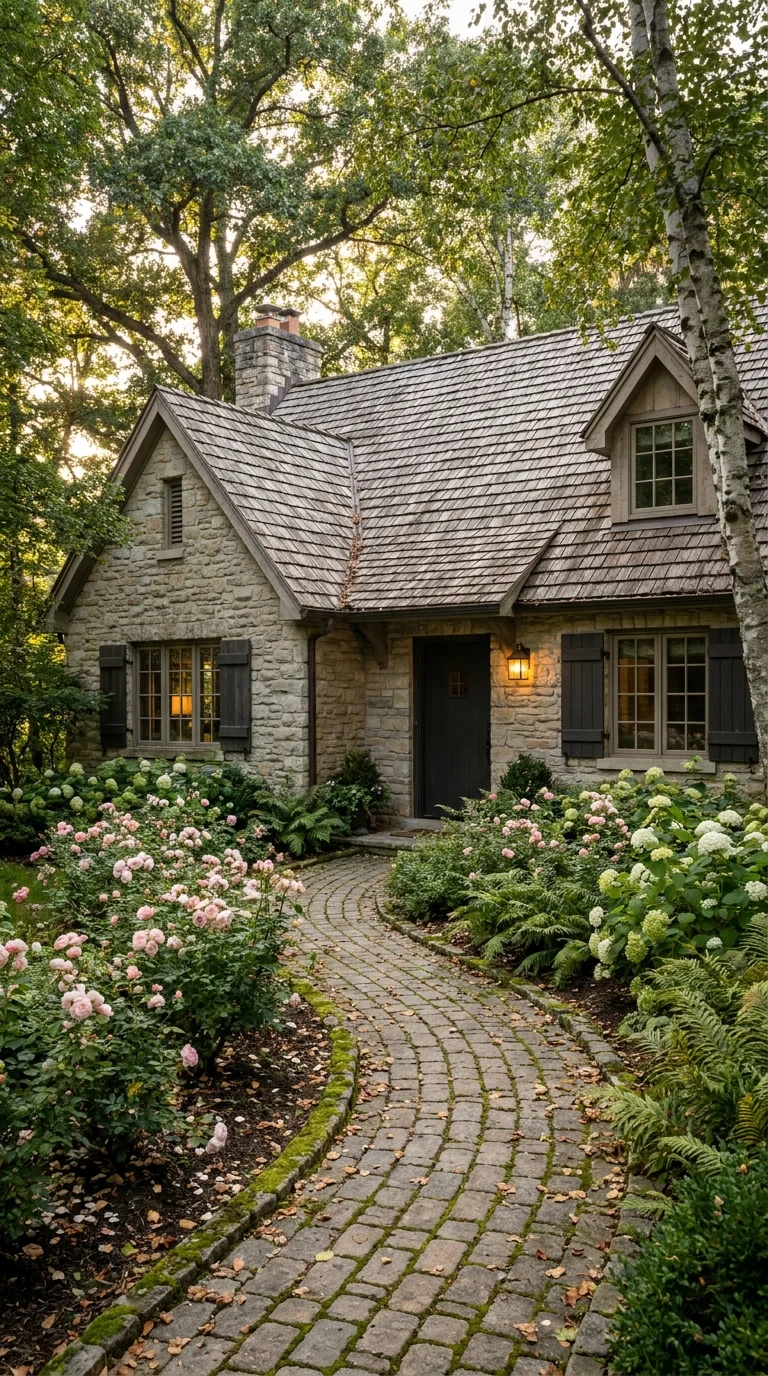 Stone cottage with cedar shake roof and curved cobblestone garden path