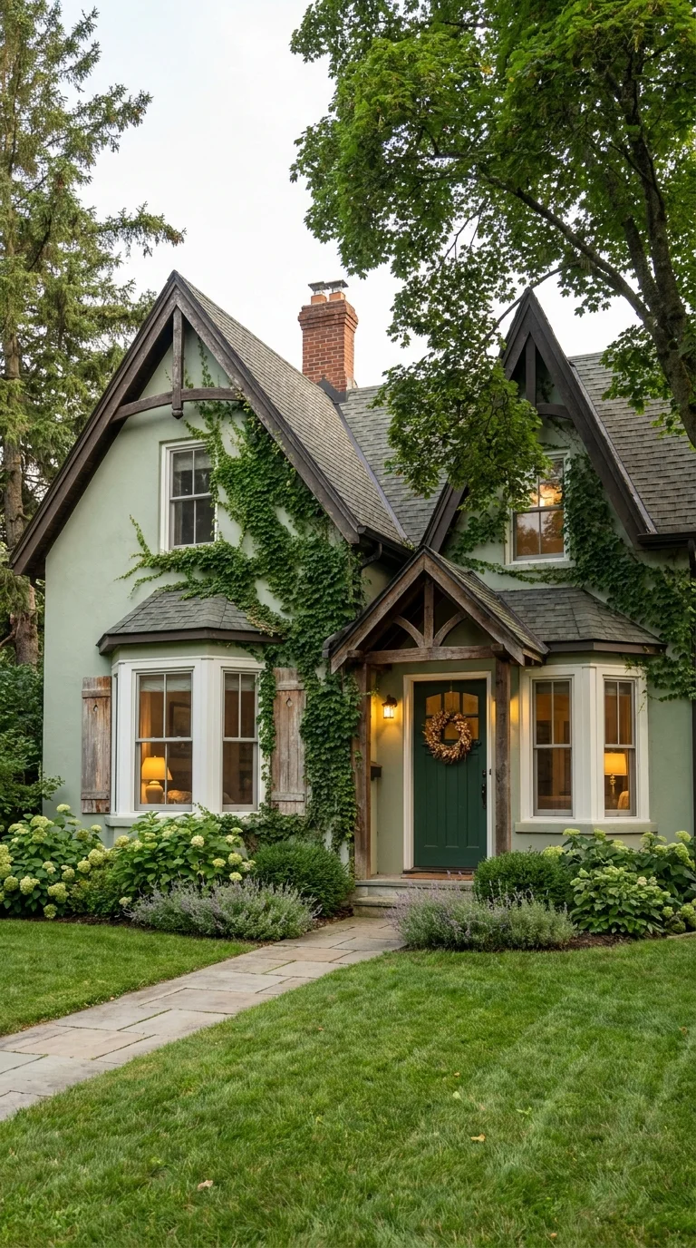Sage green cottage with dark timber gables and wreath on green front door