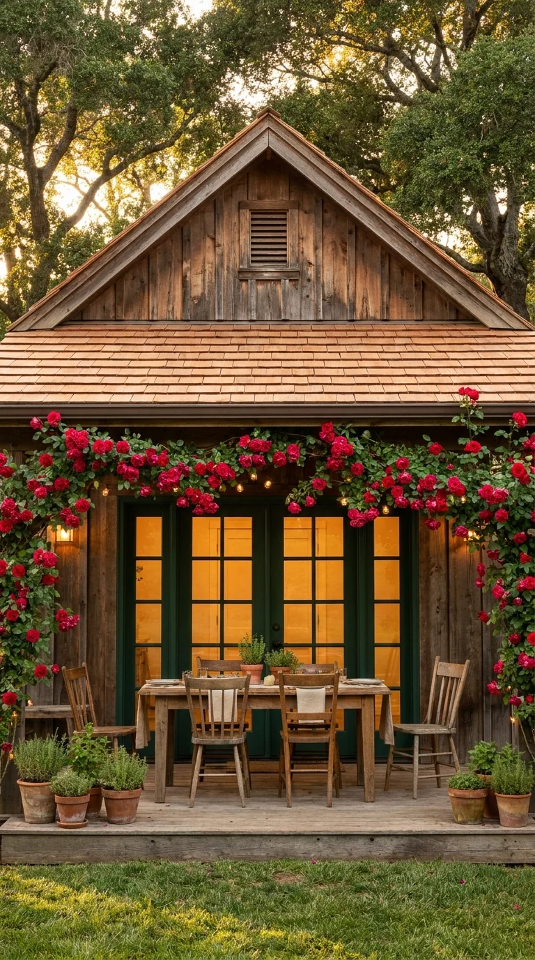 Rustic wood pavilion outdoor dining room wrapped in climbing red roses