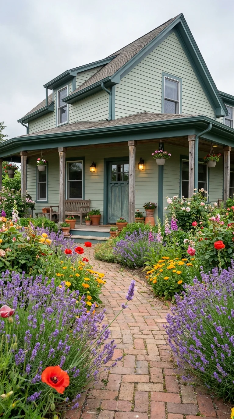 Sage green farmhouse with wraparound porch and brick path through a cottage garden