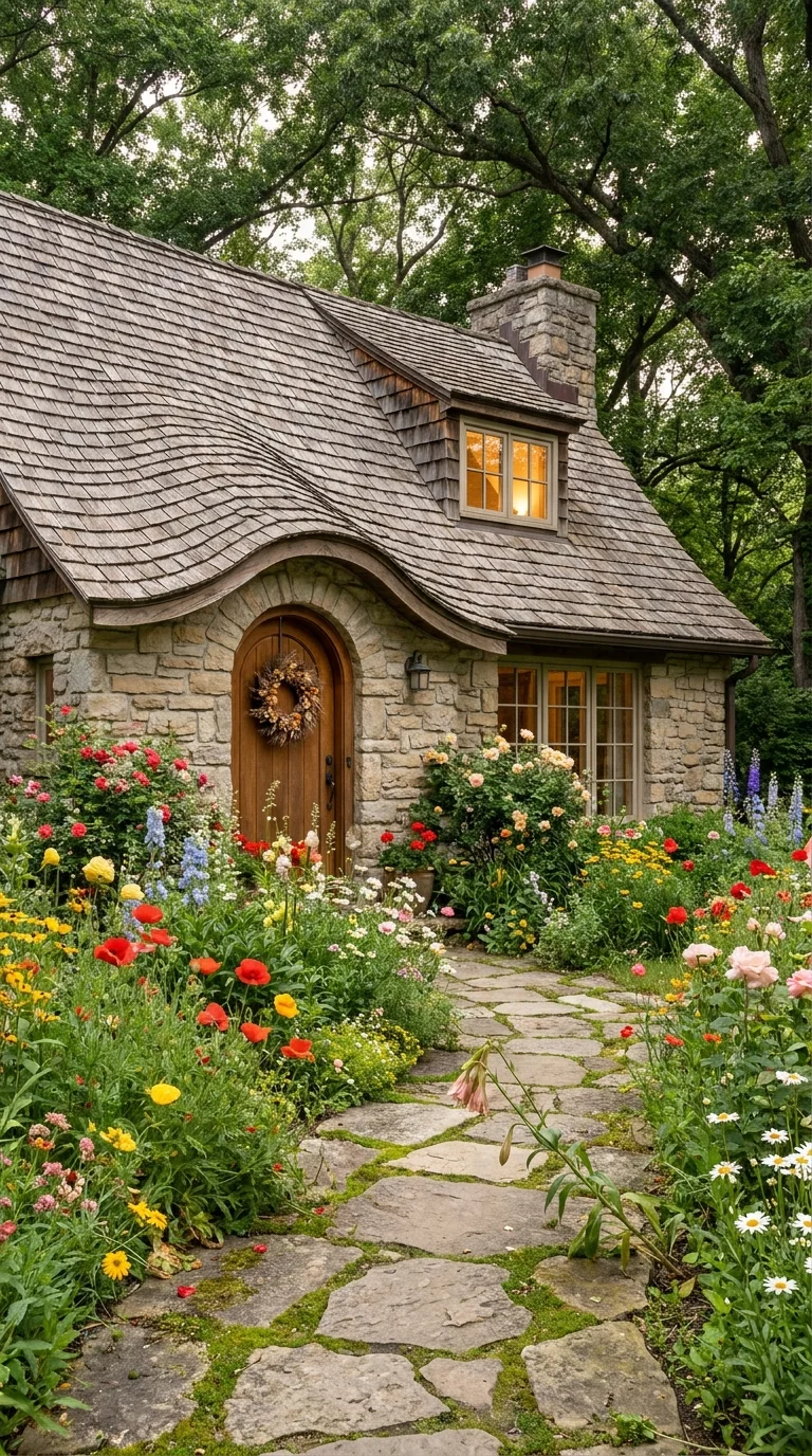 Curved stone cottage roofline surrounded by a wildflower garden and stone path