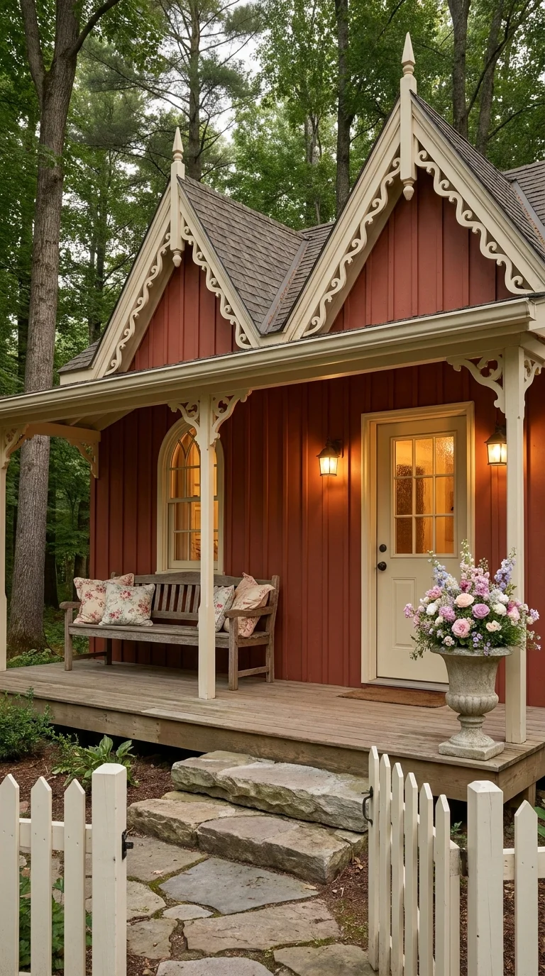 Red Victorian cottage porch with white gingerbread trim and picket fence