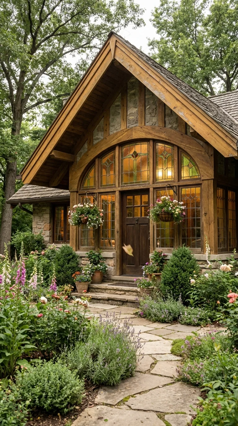 Timber-framed cottage entrance with stained glass arched window and stone base