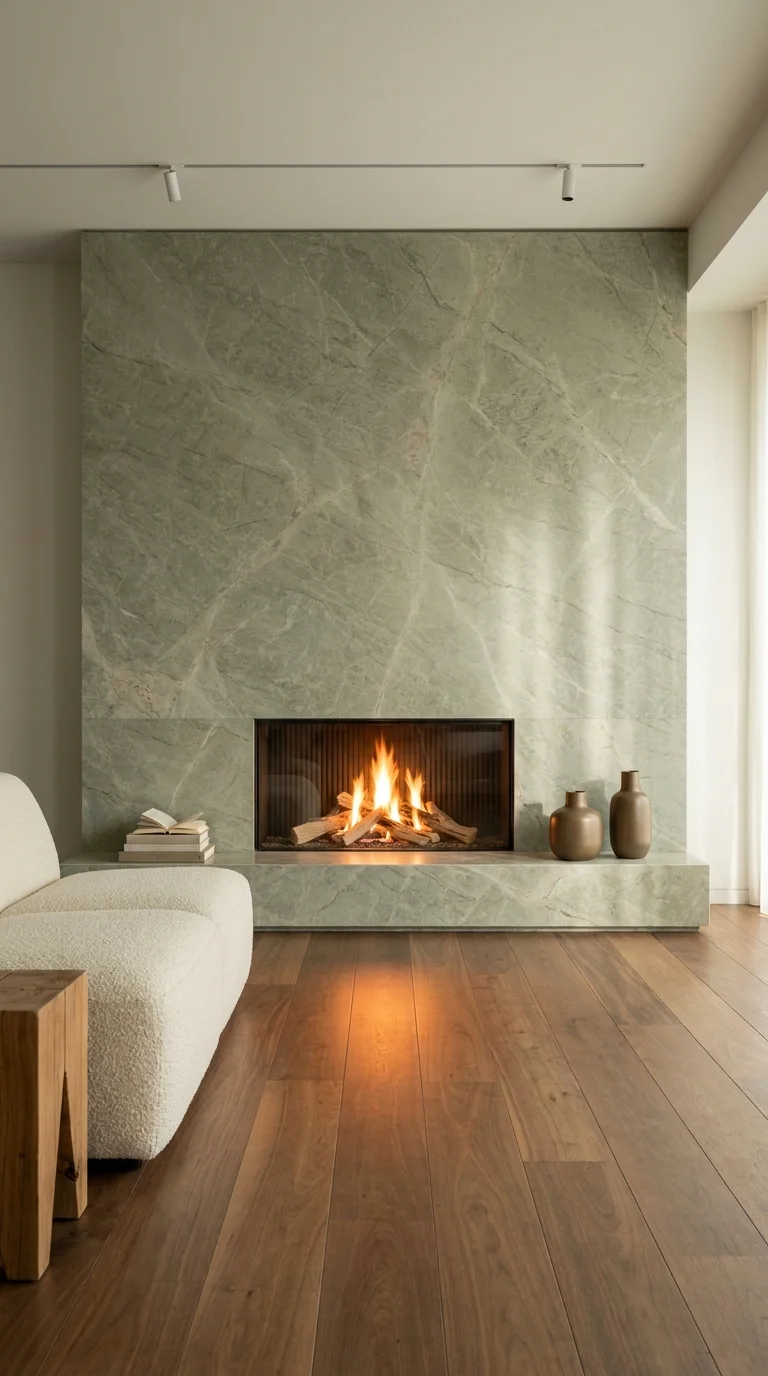 Sage green marble slab fireplace wall with boucle sofa and walnut floors
