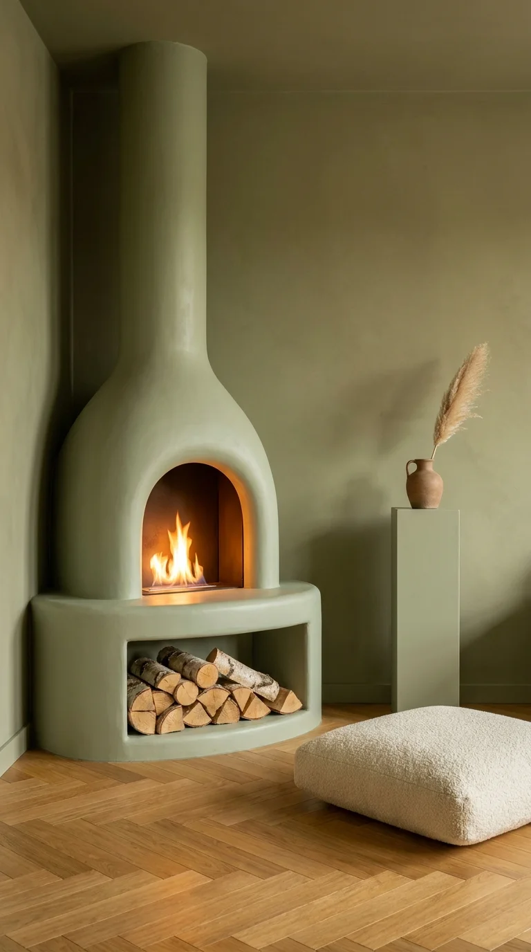 Sculptural sage green plaster fireplace with built-in firewood nook and terracotta vase