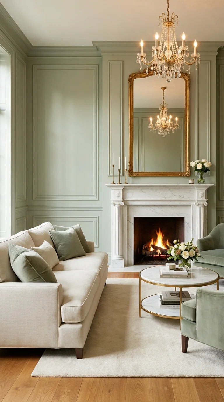 Sage green paneled living room with white marble fireplace and gold mirror