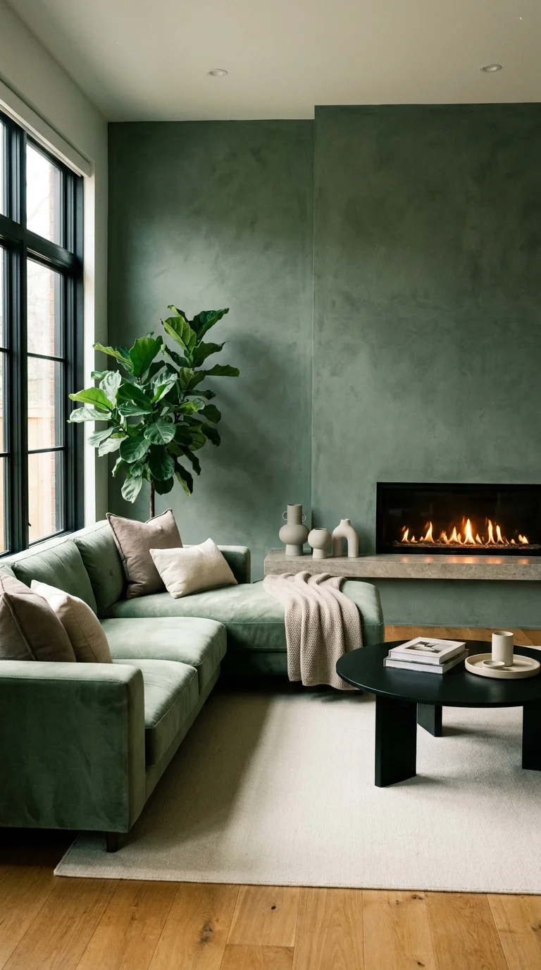 Sage green limewash living room with flush linear fireplace and velvet sectional