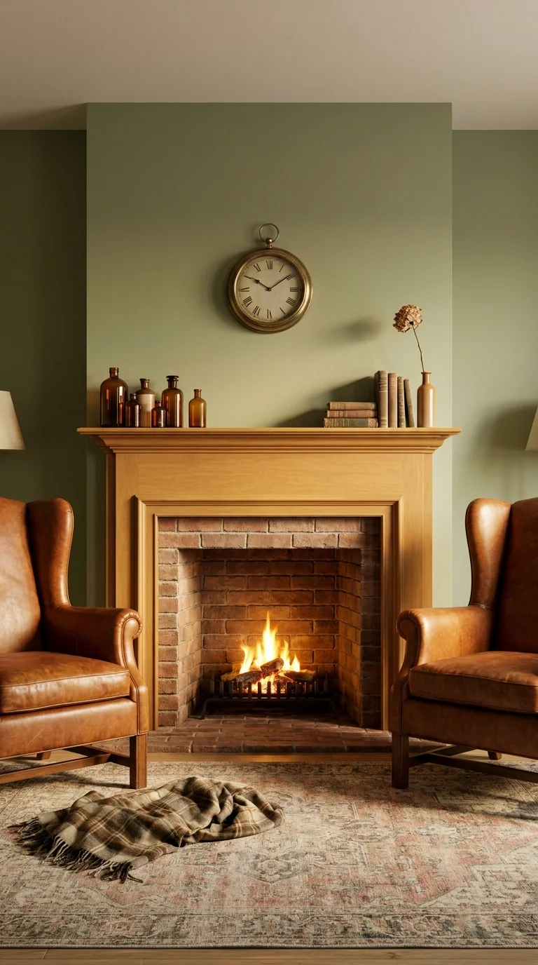Sage green cottage living room with oak mantle brick fireplace and leather chairs