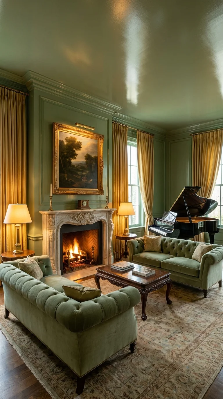 Glossy sage green parlor with marble fireplace gold curtains and grand piano