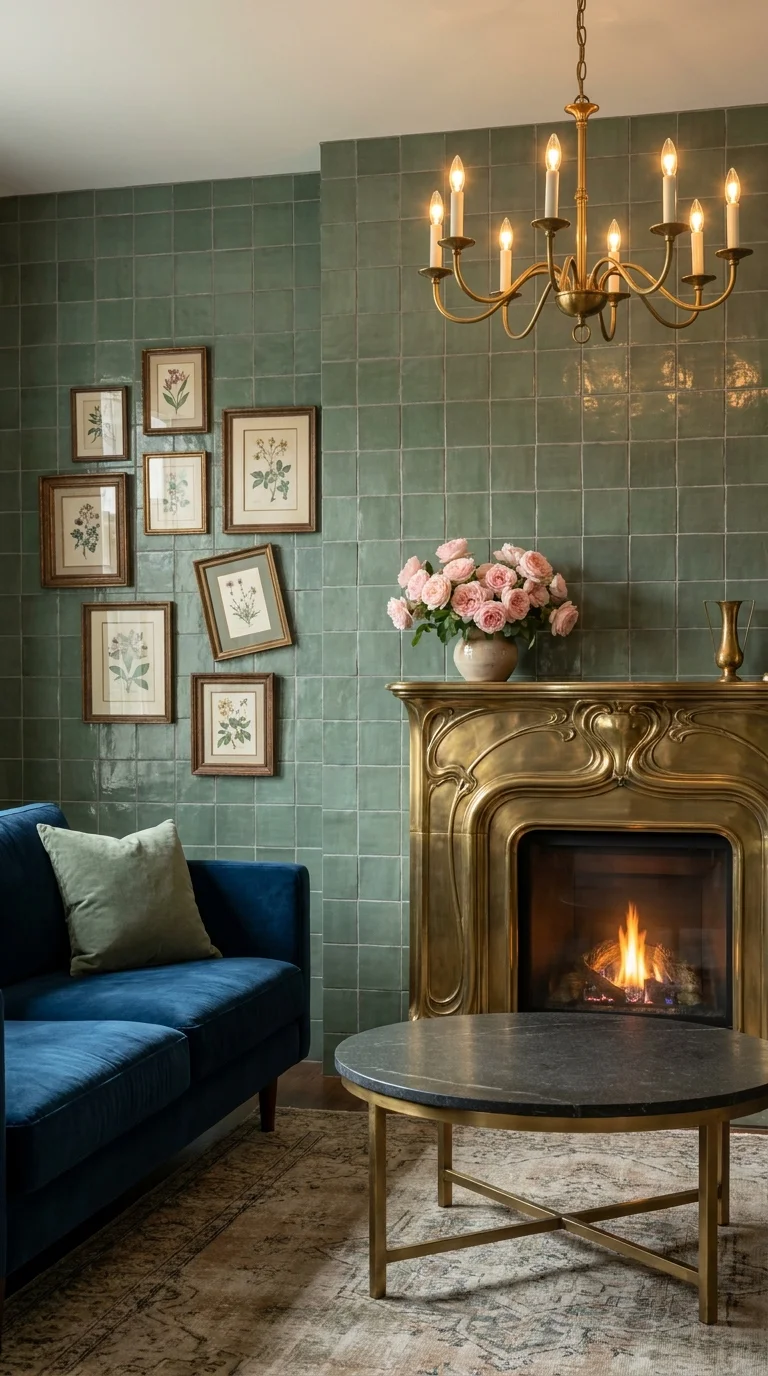 Brass Art Nouveau fireplace against sage green zellige tile wall with navy sofa