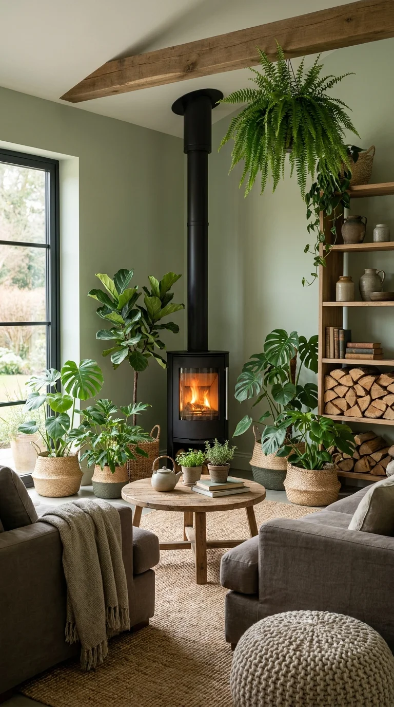 Black wood stove surrounded by houseplants in sage green cottage living room