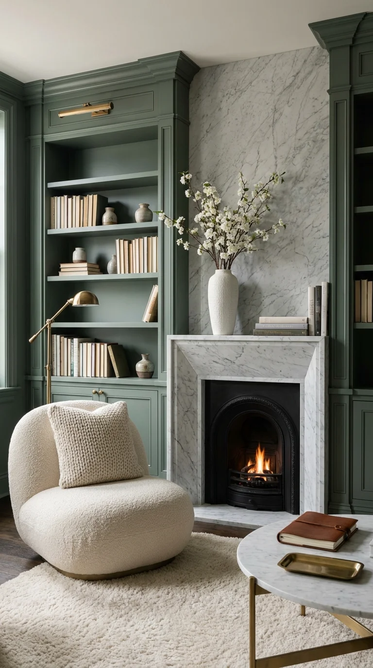 Sage green built-in bookshelves framing a marble Victorian fireplace