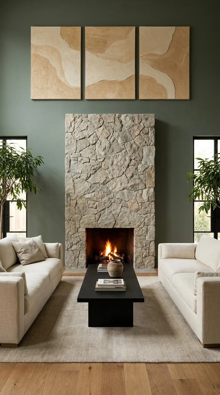 Floor to ceiling natural stone fireplace wall in dark olive green living room