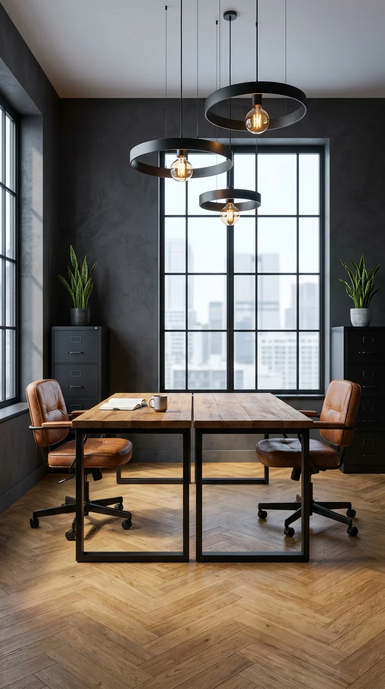 Three black ring pendant lights hanging above a reclaimed wood home office desk
