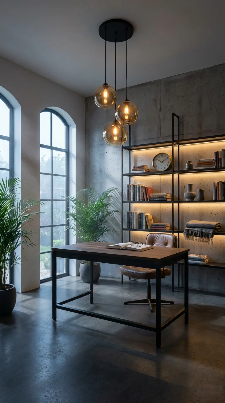 Amber glass globe pendants glowing beside a backlit concrete bookshelf in a study
