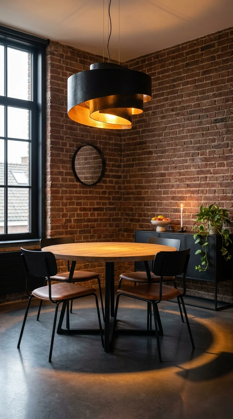 Layered copper and black drum pendant hanging over a round breakfast table