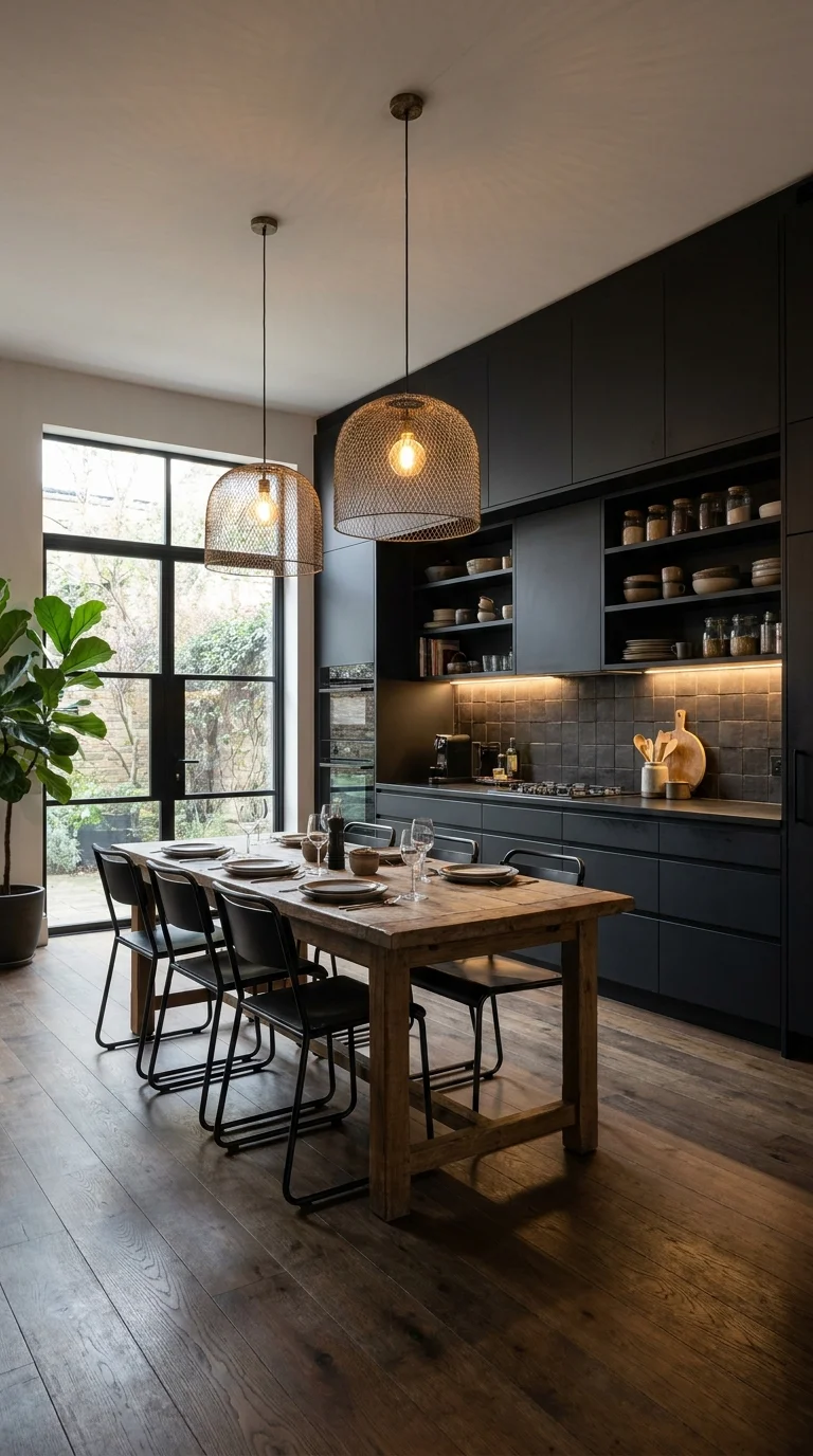 Two wire mesh dome pendants above a wood table in a matte black kitchen