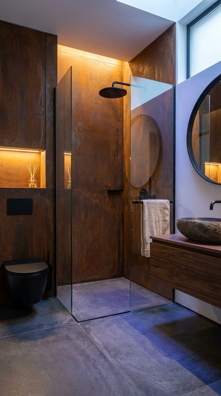 Corten steel bathroom wall with hidden warm lighting beside a glass shower