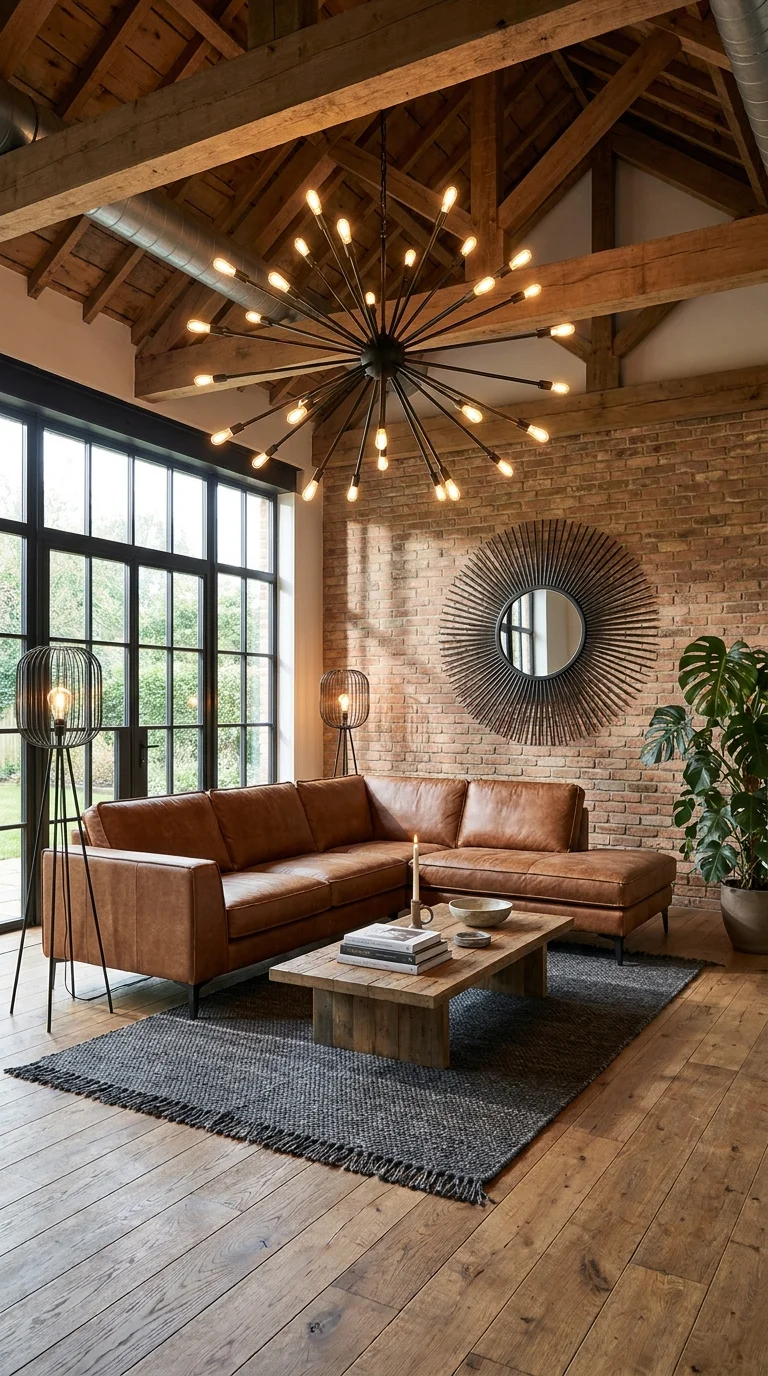Sputnik chandelier hanging above a leather sectional in a vaulted brick living room