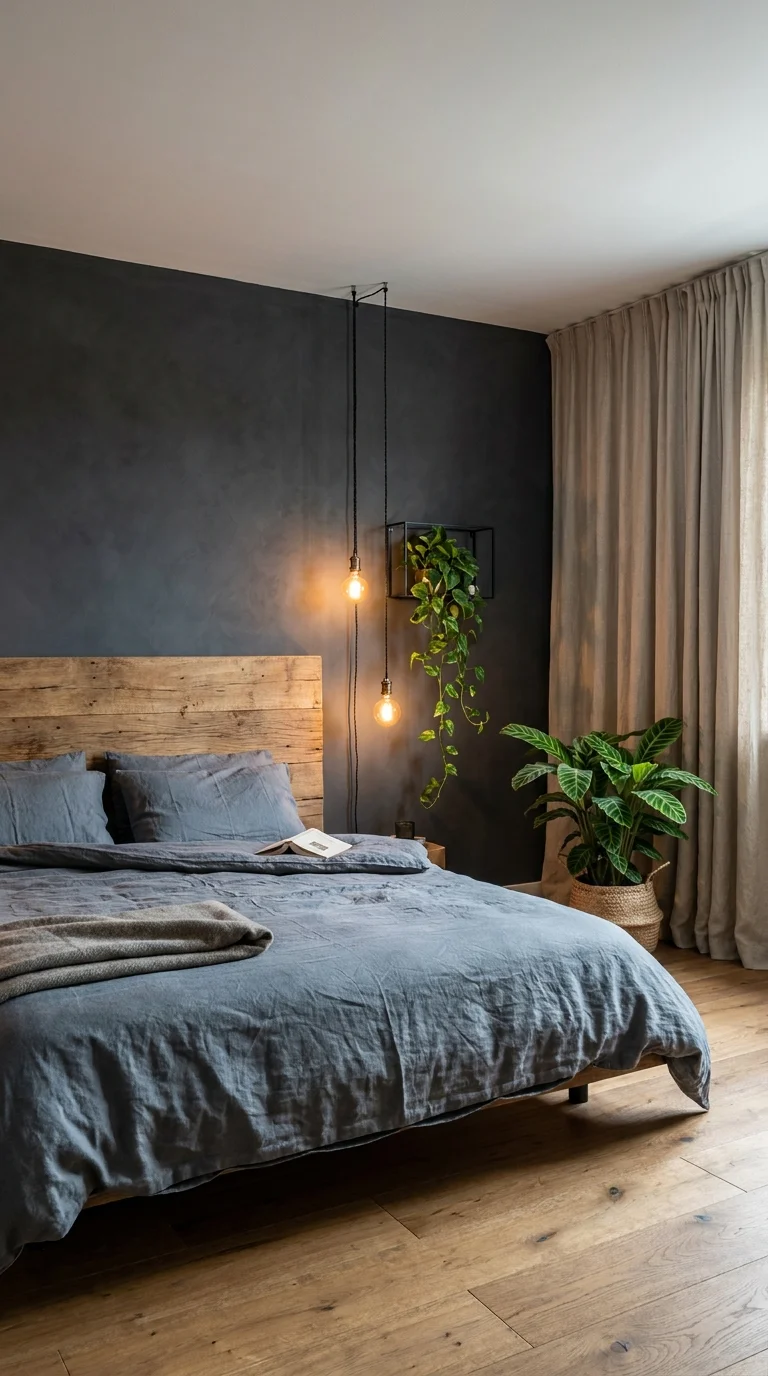 Bare bulb pendant lights hanging beside a bed instead of a nightstand lamp